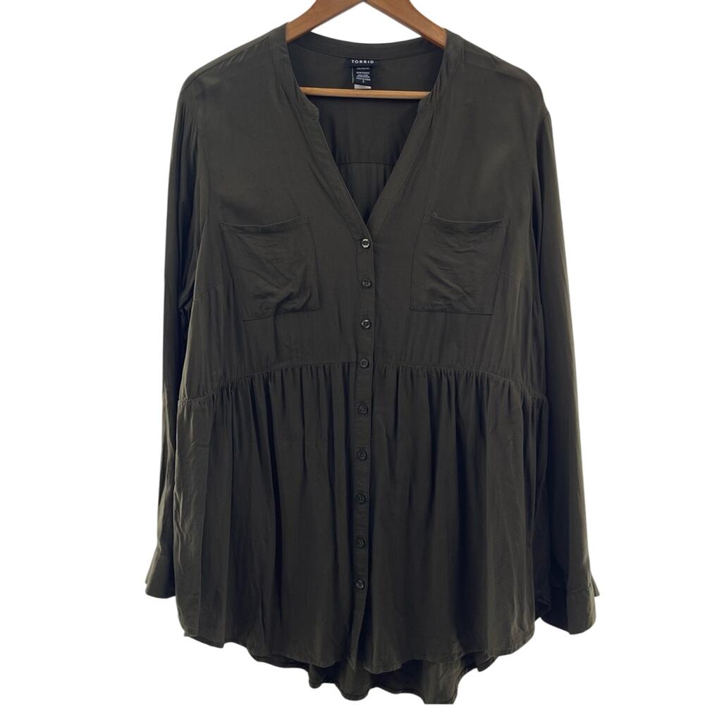 Torrid Emma Babydoll Tunic Button Front Empire Waist Hunter Green Blouse Size 2X